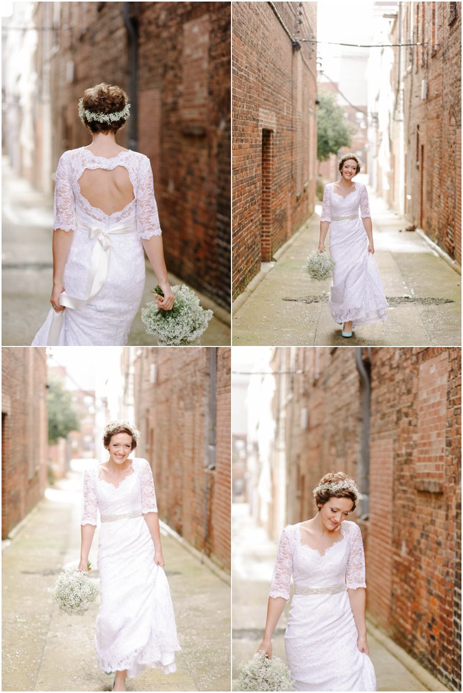 photo of bride walking down a city street