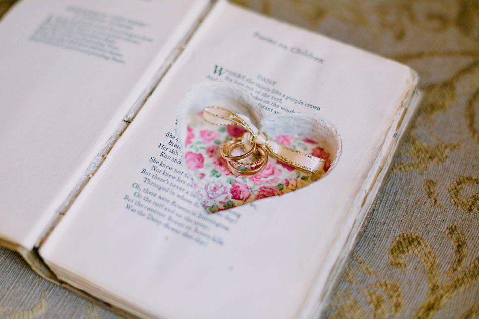 wedding rings inside an old poem book 