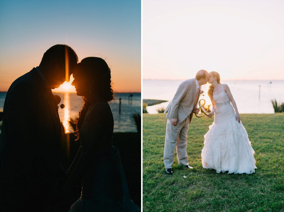 sunset photos with bride and groom on the water 