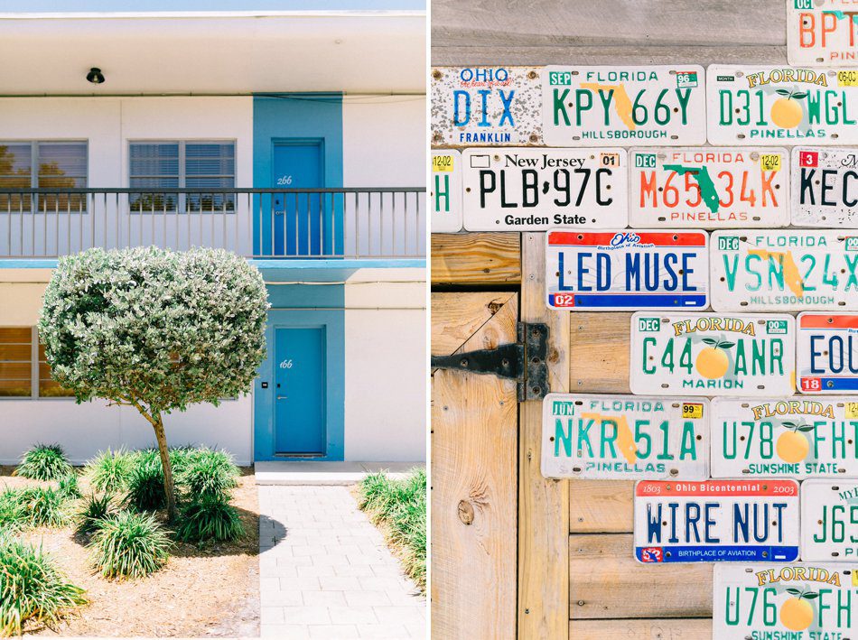 Postcard Inn on the Beach license plate wall 