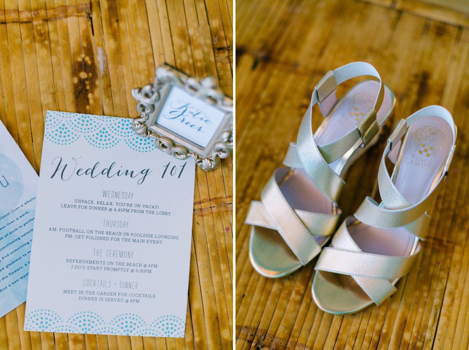 Gold metallic wedding shoes and a wedding 101 card for guests