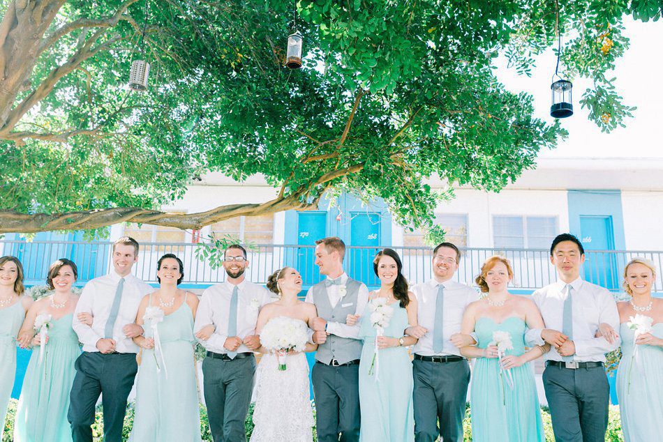 Bridal party photo walking towards the camera