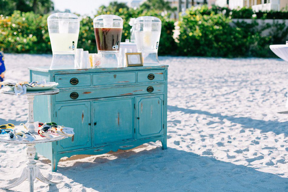 Refreshments for guests at an outdoor beach ceremony