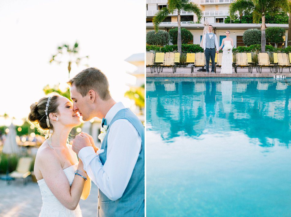 Romantic natural light portrait of bride and groom with their reflection in a pool. Destination wedding at the Postcard Inn on the Beach by Catherine Ann Photography