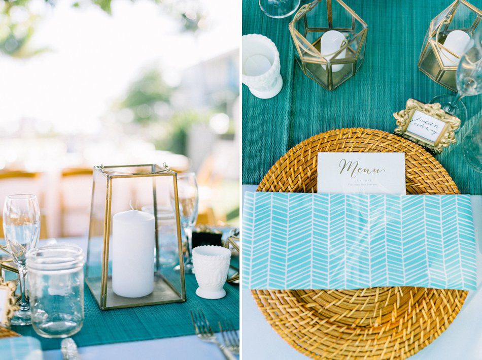 Gorgeous blue and gold vintage beach wedding reception decor with candles. Destination wedding at the Postcard Inn on the Beach by Catherine Ann Photography