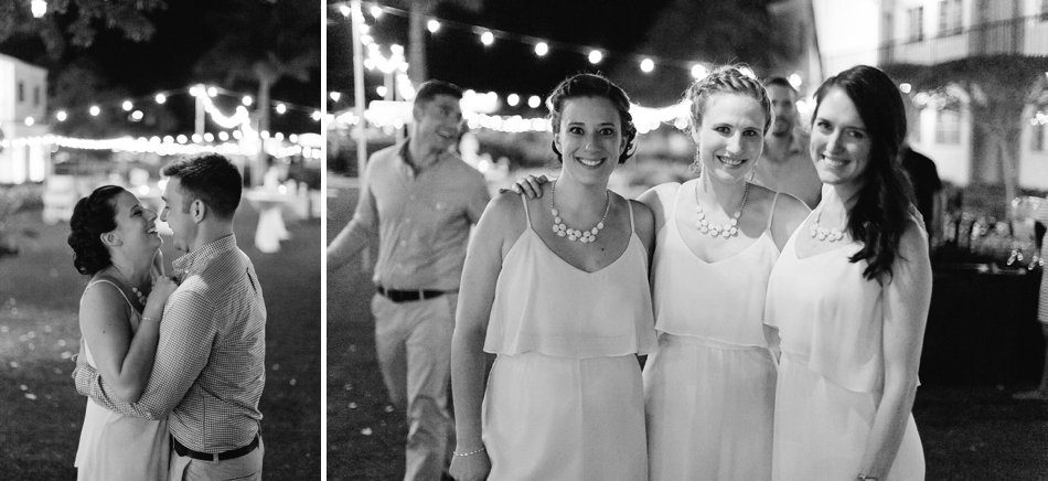 Wedding reception photos under cafe lights. Destination wedding at the Postcard Inn on the Beach by Catherine Ann Photography