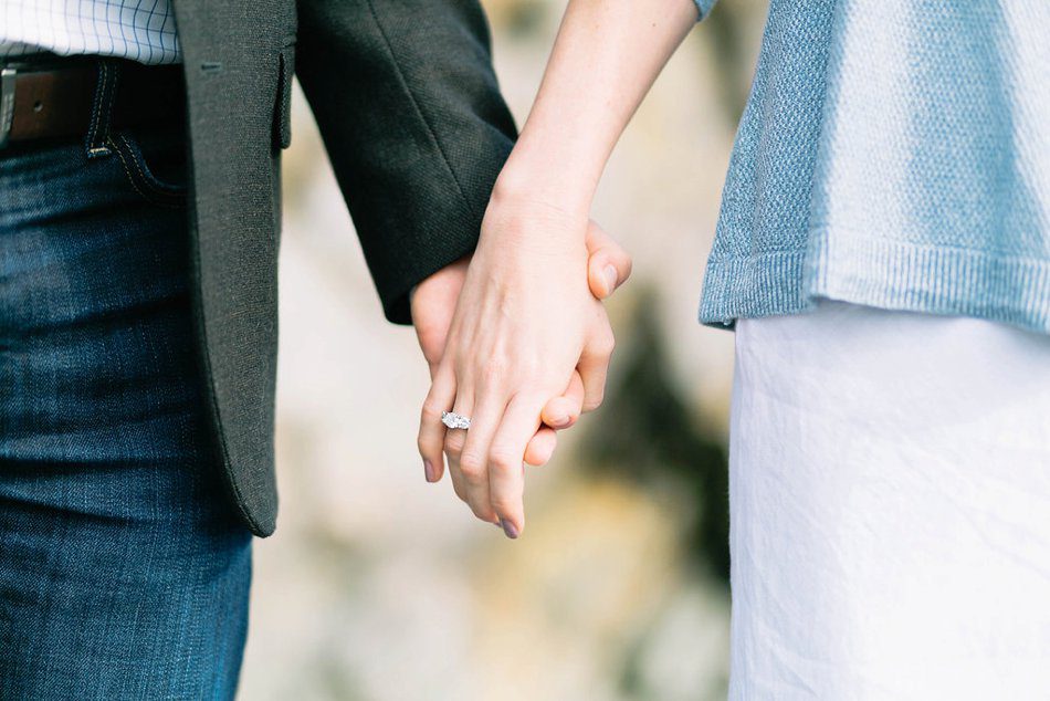 engagement ring photo with couple holding hands