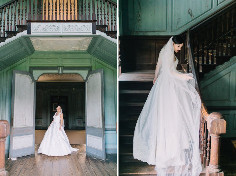 bride walking up stairs at Drayton Hall