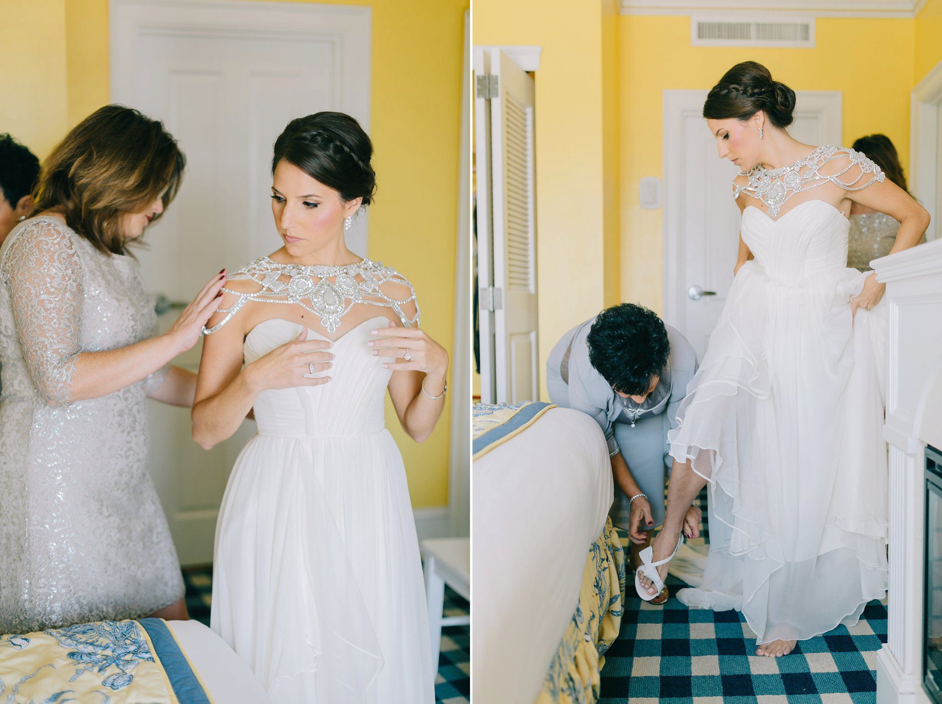 Photos of a bride getting ready with help from her mom and aunt