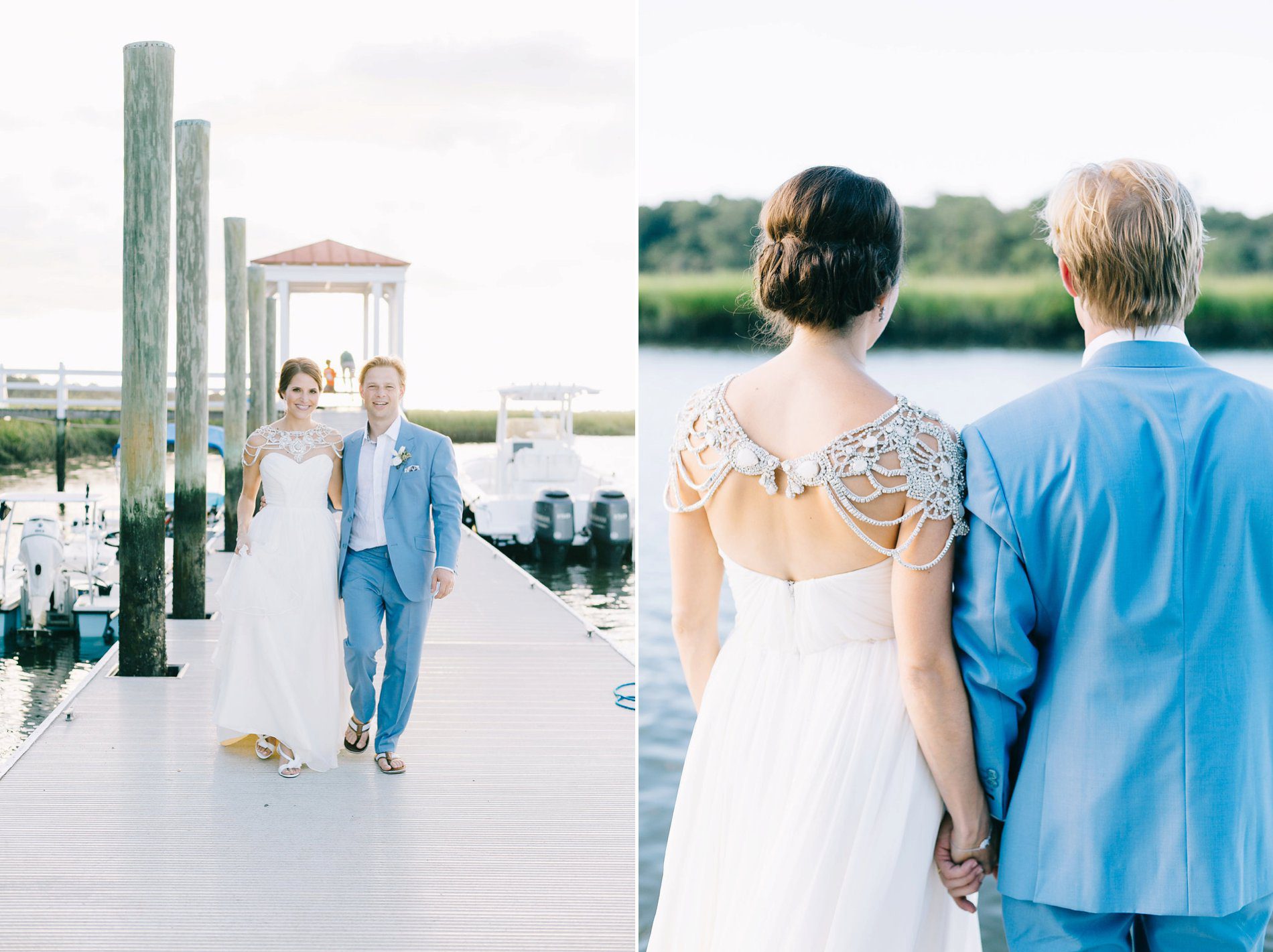 Photos of bride and groom on the dock at Creek Club at Ion