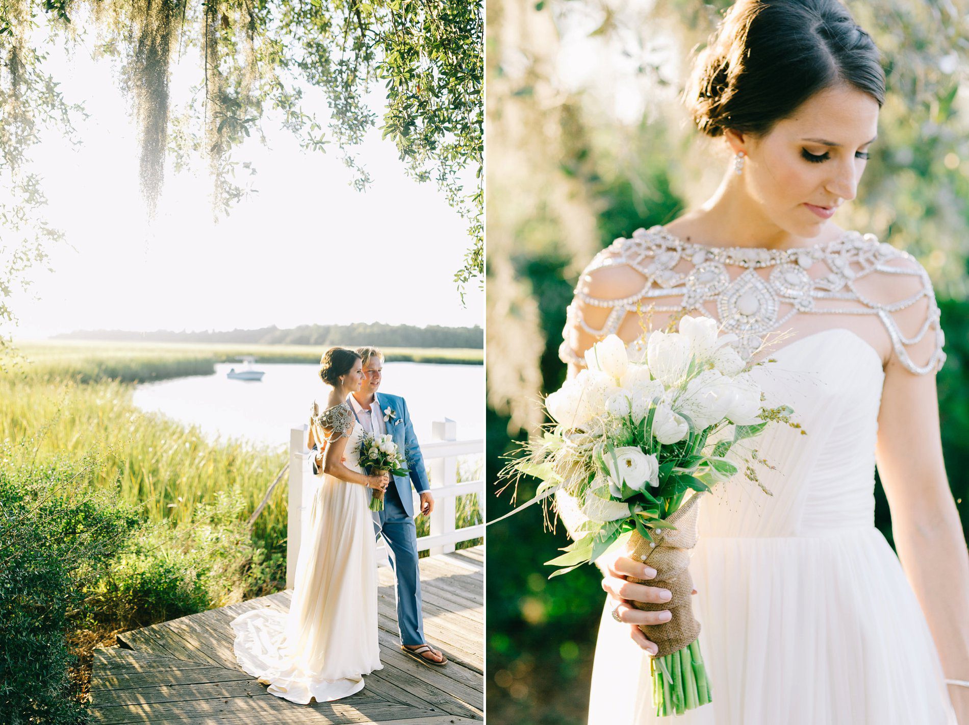 Elegant coastal wedding inspiration. Bride and groom portraits under spanish moss and coastal marsh views in Charleston Sc