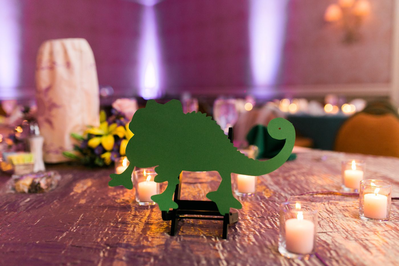 Rapunzel wedding reception decor with Pascal cutout and candles 