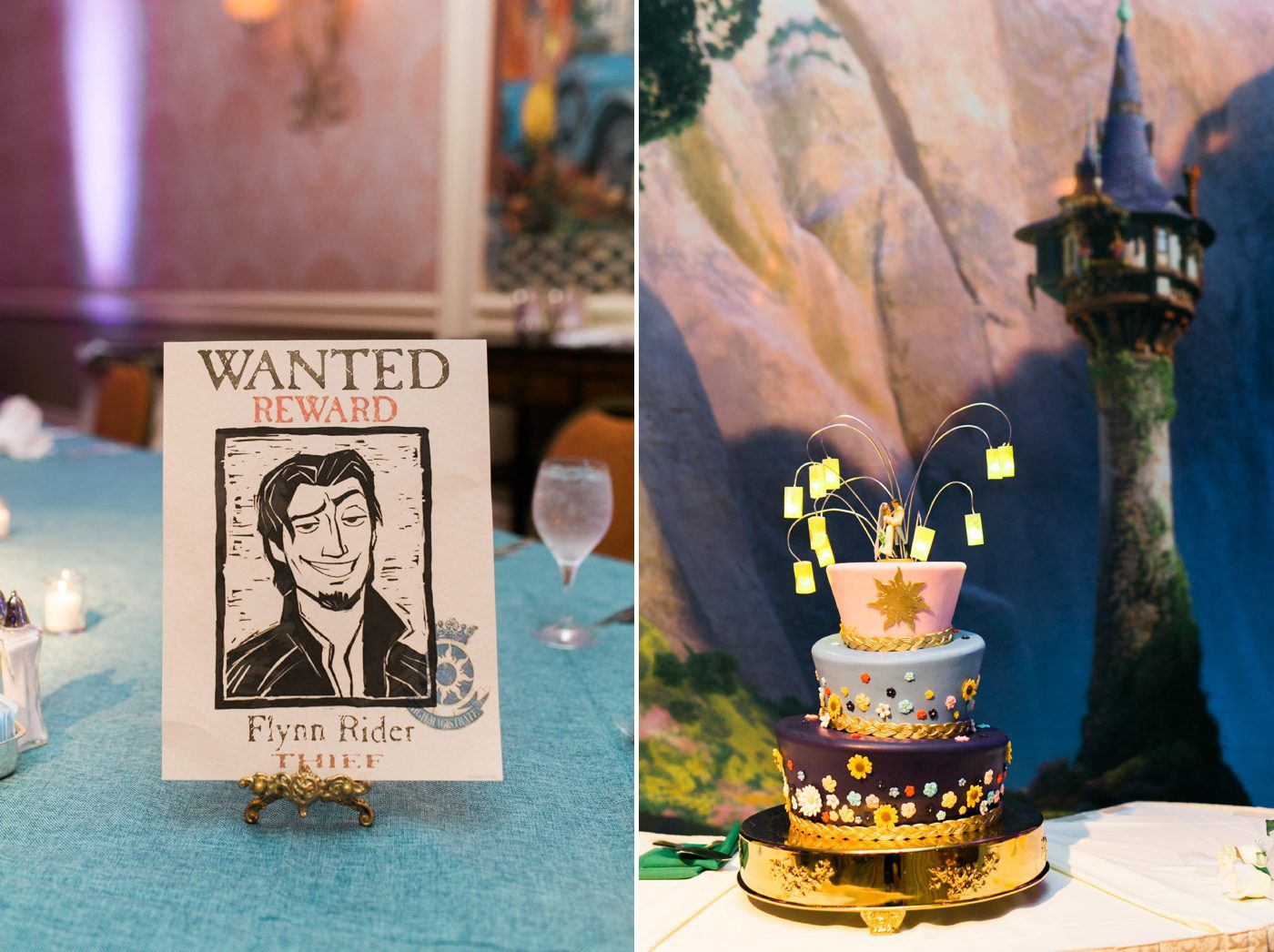 Flynn Rider wanted poster wedding reception decor at Disney World 