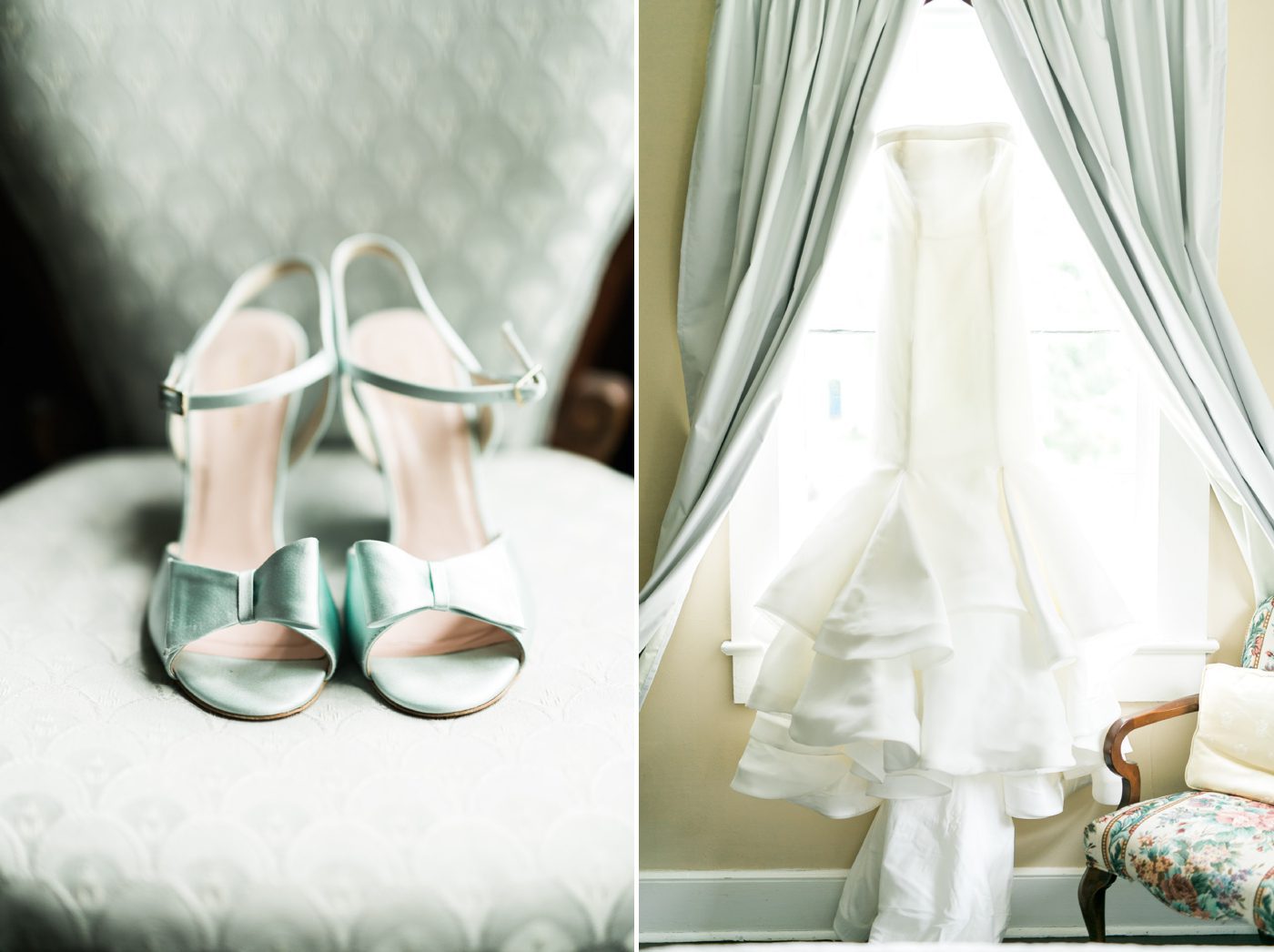 Sky blue Kate Spade wedding shoes and Sareh Nouri wedding gown hanging in a window by destination wedding photographer Catherine Ann Photography