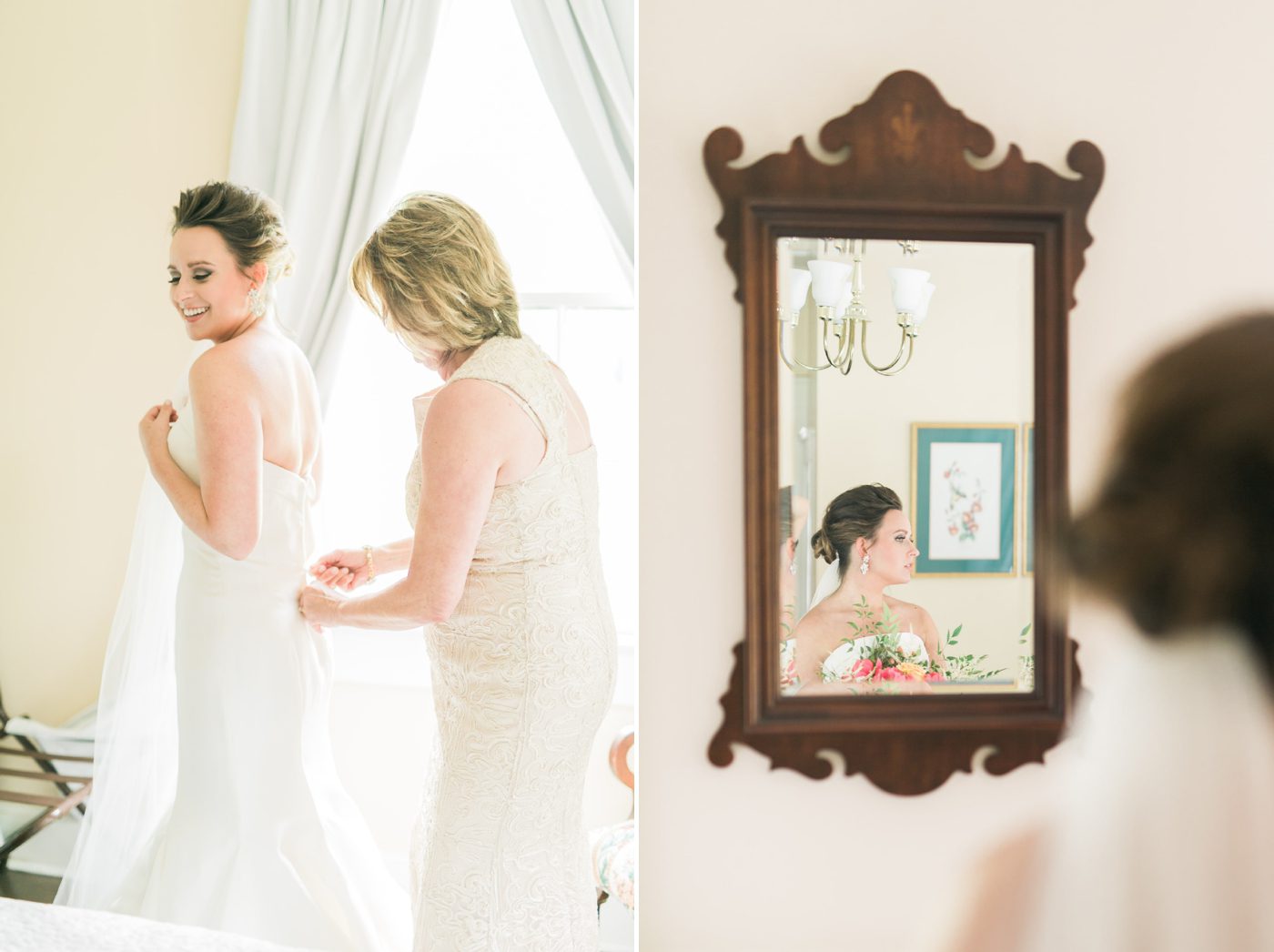 Mother of the bride helping her into her wedding gown at Oak Manor Inn. Photo by Charleston wedding photographer Catherine Ann Photography
