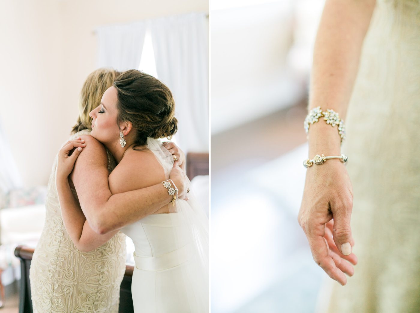 Bride and mom hugging while mom shows off a new bracelet. Photo by Charleston wedding photographer Catherine Ann Photography
