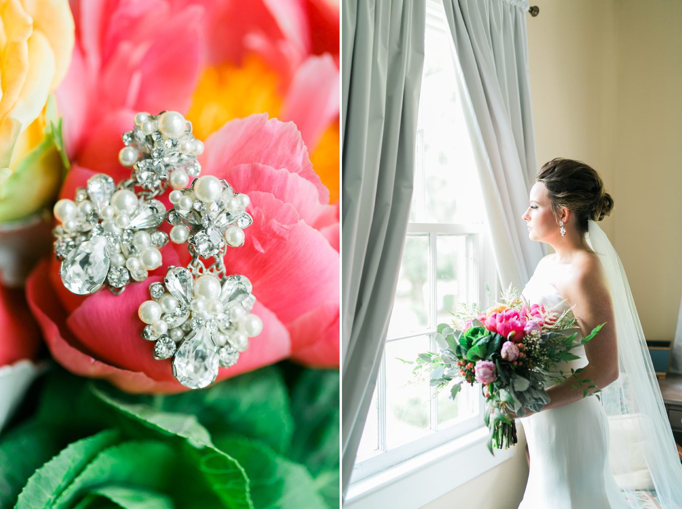 Bride looking out the window at Oak Manor Inn and her earrings resting on flowers. Photo by Charleston wedding photographer Catherine Ann Photography