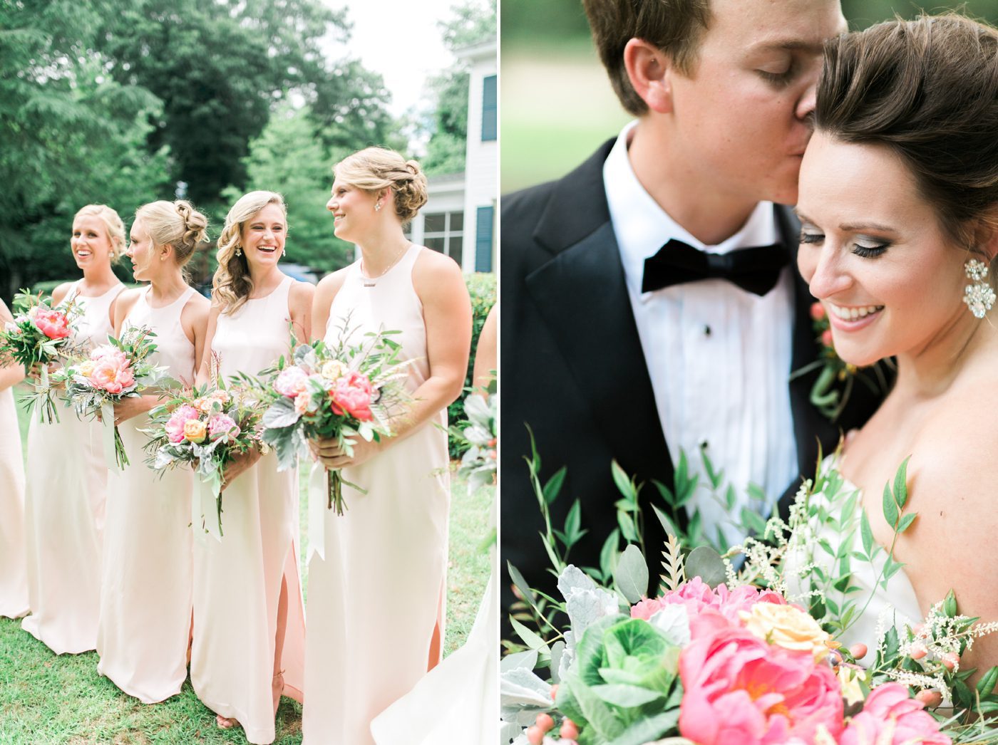 Candid picture of bridesmaids laughing and groom kissing the brides forehead. Photo by Charleston wedding photographer Catherine Ann Photography
