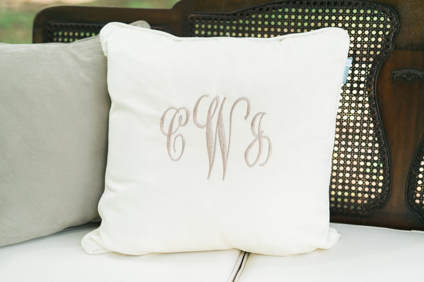 Wedding decor monogrammed pillows. Photo by Charleston wedding photographer Catherine Ann Photography