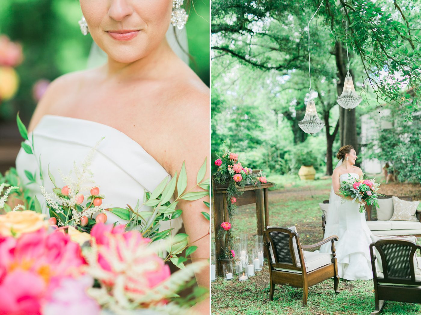 Drengaelen House wedding. Southern bridal portraits under trees and chandeliers. Photo by Charleston wedding photographer Catherine Ann Photography