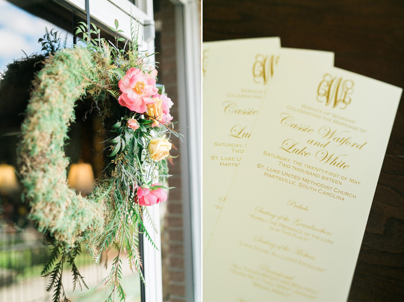 Southern wedding decor inspiration with flowers and monogram programs. Photo by Charleston wedding photographer Catherine Ann Photography