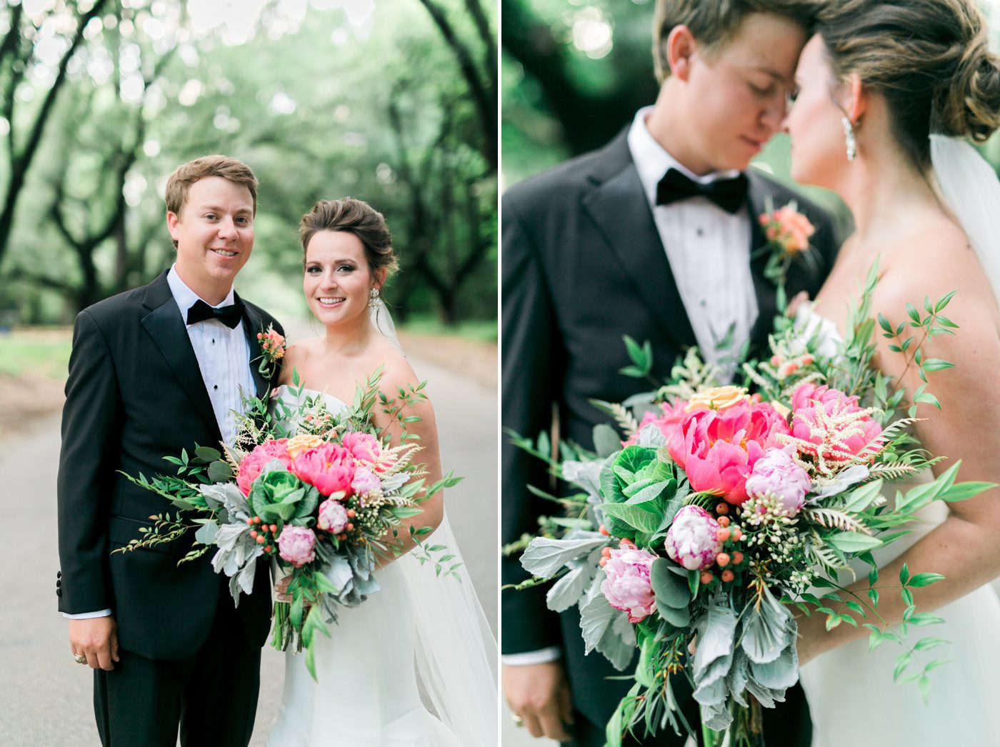 Southern wedding with pink bouquet at the Drengaelen House. Photo by Charleston wedding photographer Catherine Ann Photography