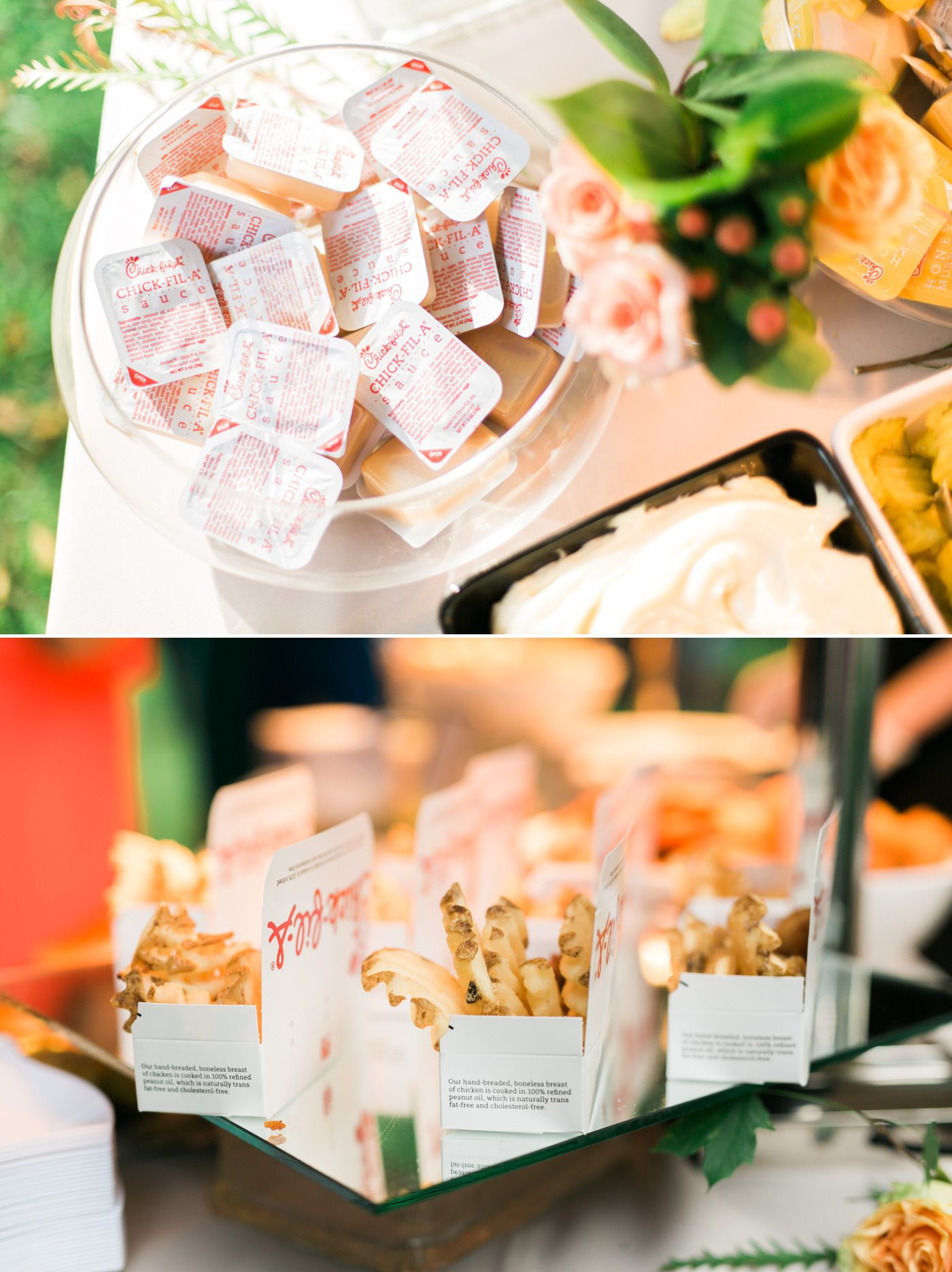 Chic Fil A food station at an outdoor wedding in Hartsville SC. Photo by Charleston wedding photographer Catherine Ann Photography