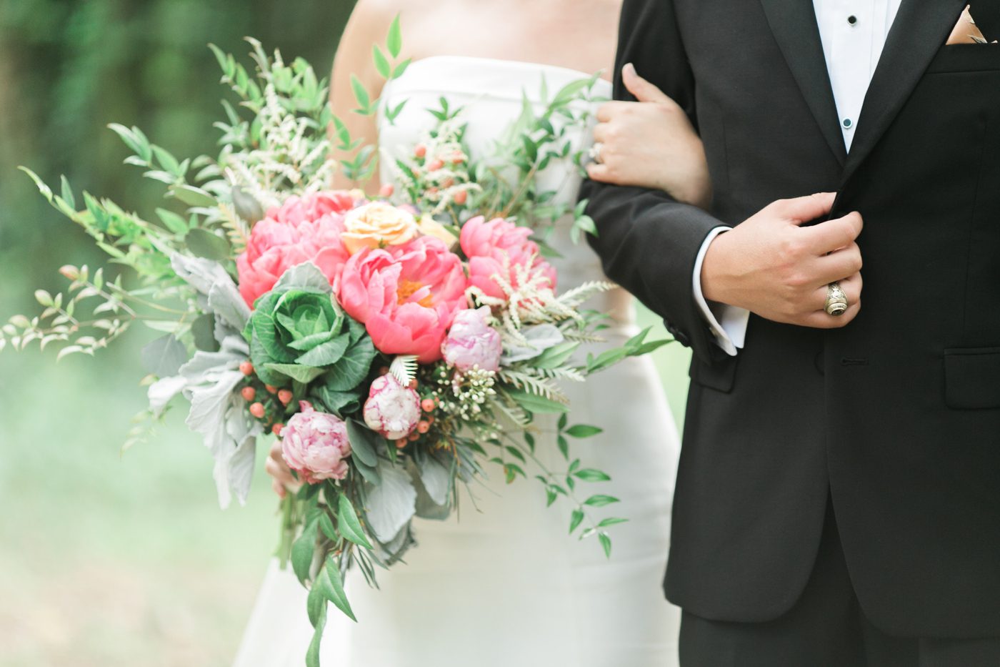Lush wedding flowers with pink peonies. Photo by Charleston wedding photographer Catherine Ann Photography