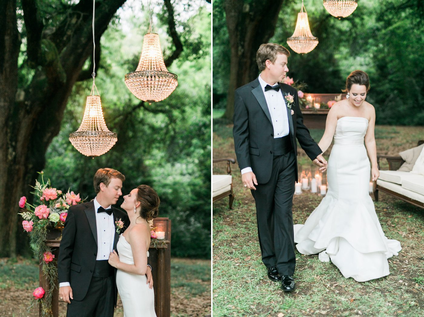 Romantic wedding photo of bride and groom under crystal chandelier and tree. Photo by Charleston wedding photographer Catherine Ann Photography