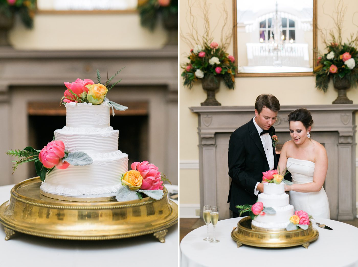 Bride and groom cutting the cake at Drengaelen House. Photo by Charleston wedding photographer Catherine Ann Photography