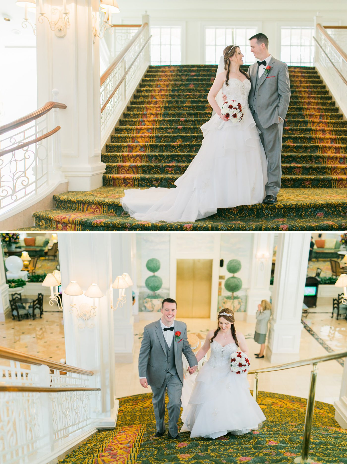 Wedding photos on staircase at Disney Grand Floridian 