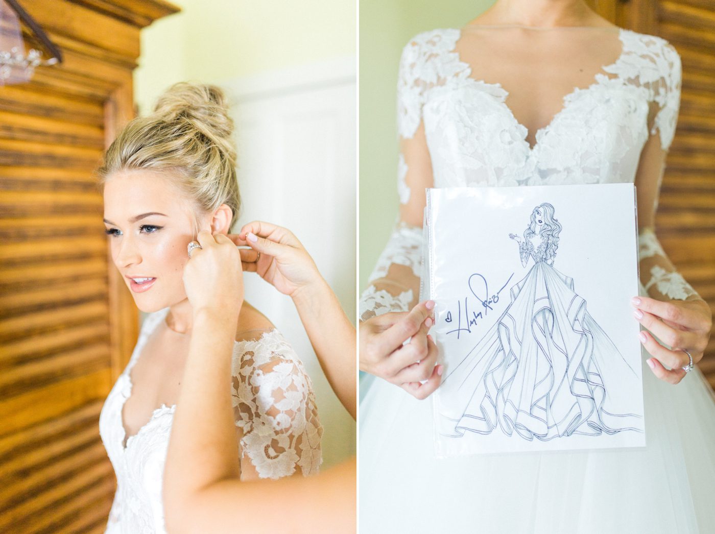 Hayley Paige wedding gown with lace sleeves and custom drawing of the dress. Photo by Catherine Ann Photography