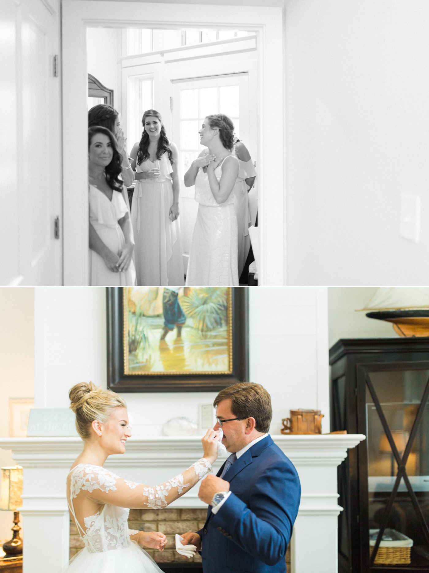 Bride wiping away her fathers tears and the bridesmaids reactions. Photo by Catherine Ann Photography