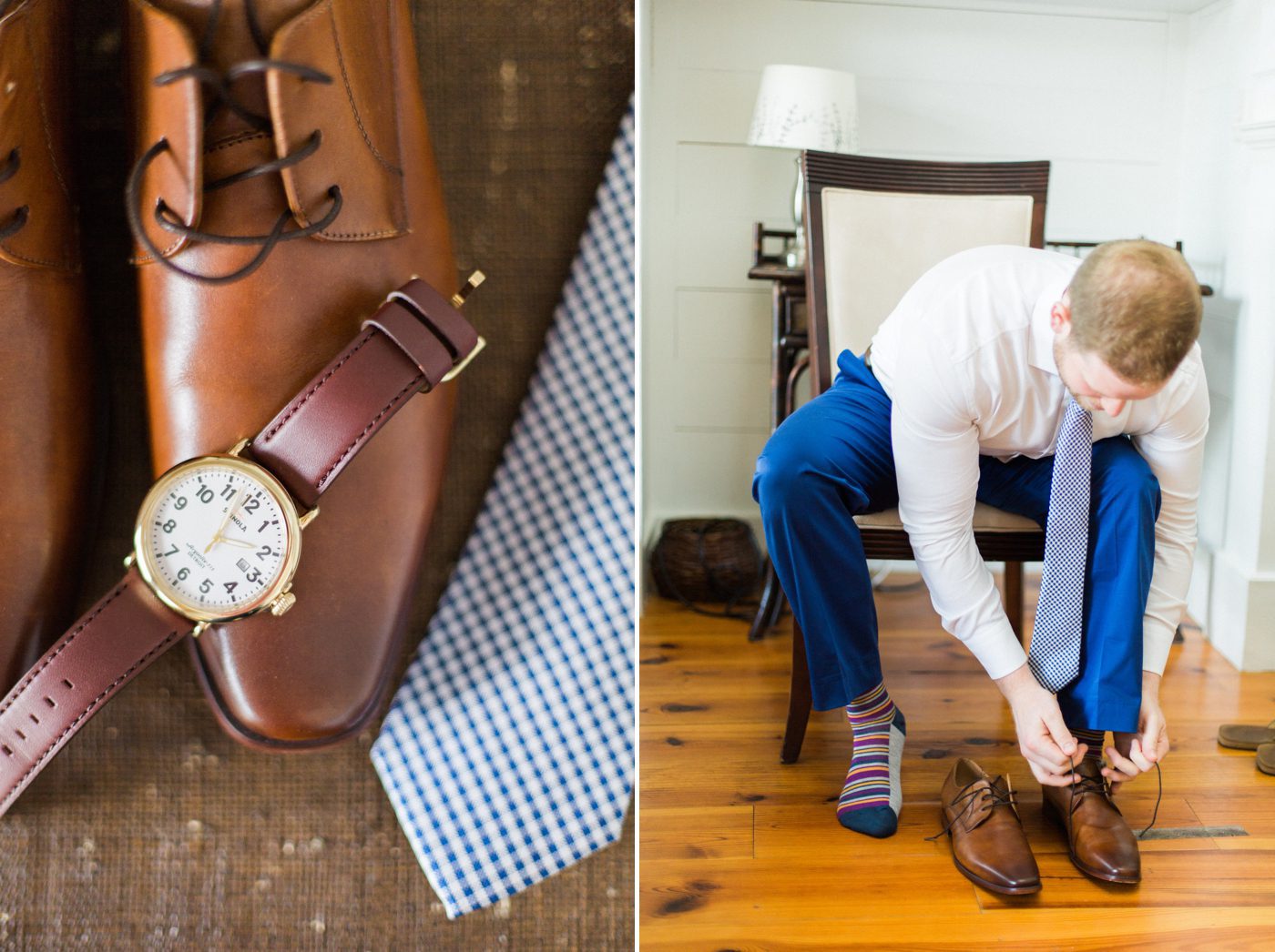 Photo of grooms details. Brown dress shoes, checkered navy tie and watch. Photo by Catherine Ann Photography