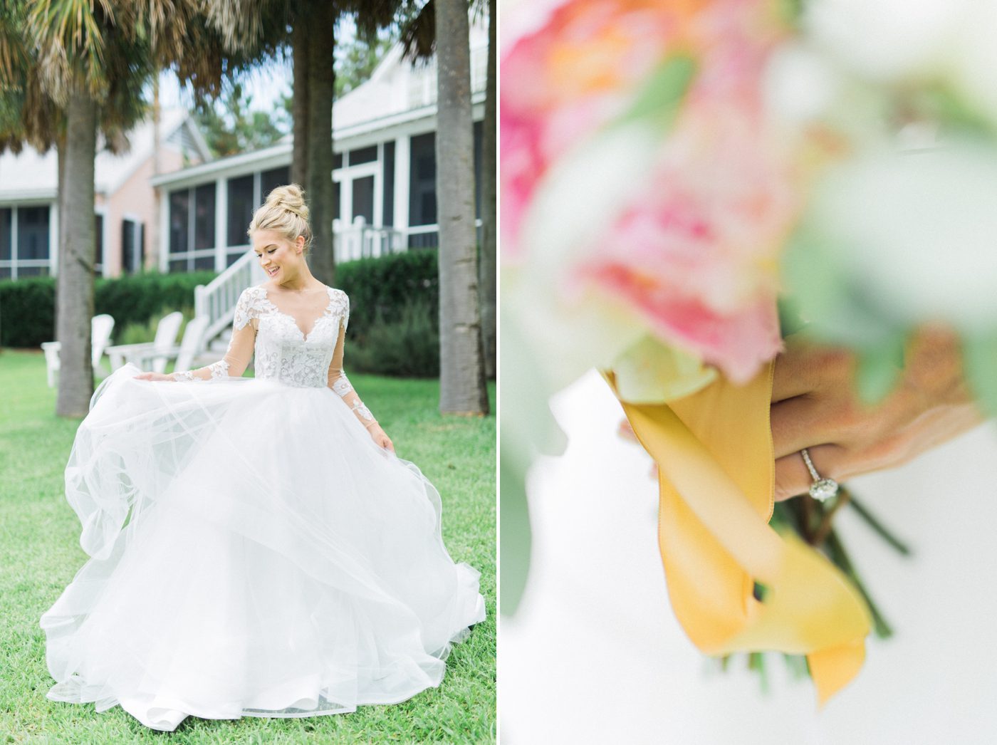 Gorgeous Charleston bridal portrait in Hayley Paige gown with lace sleeves and lush bouquet. Photo by Catherine Ann Photography