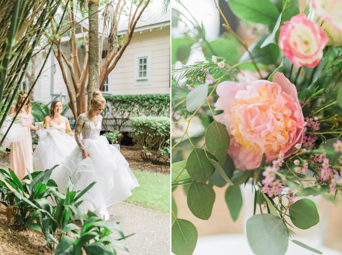 Maid of honor helping the bride walk in Charleston. Photo by Catherine Ann Photography