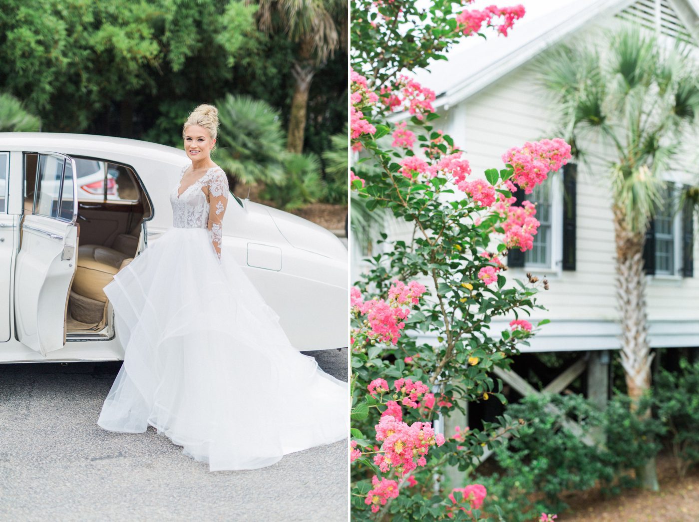 Beautiful bridal portrait with bride standing next to a white vintage car in Charleston SC. Photo by Catherine Ann Photography