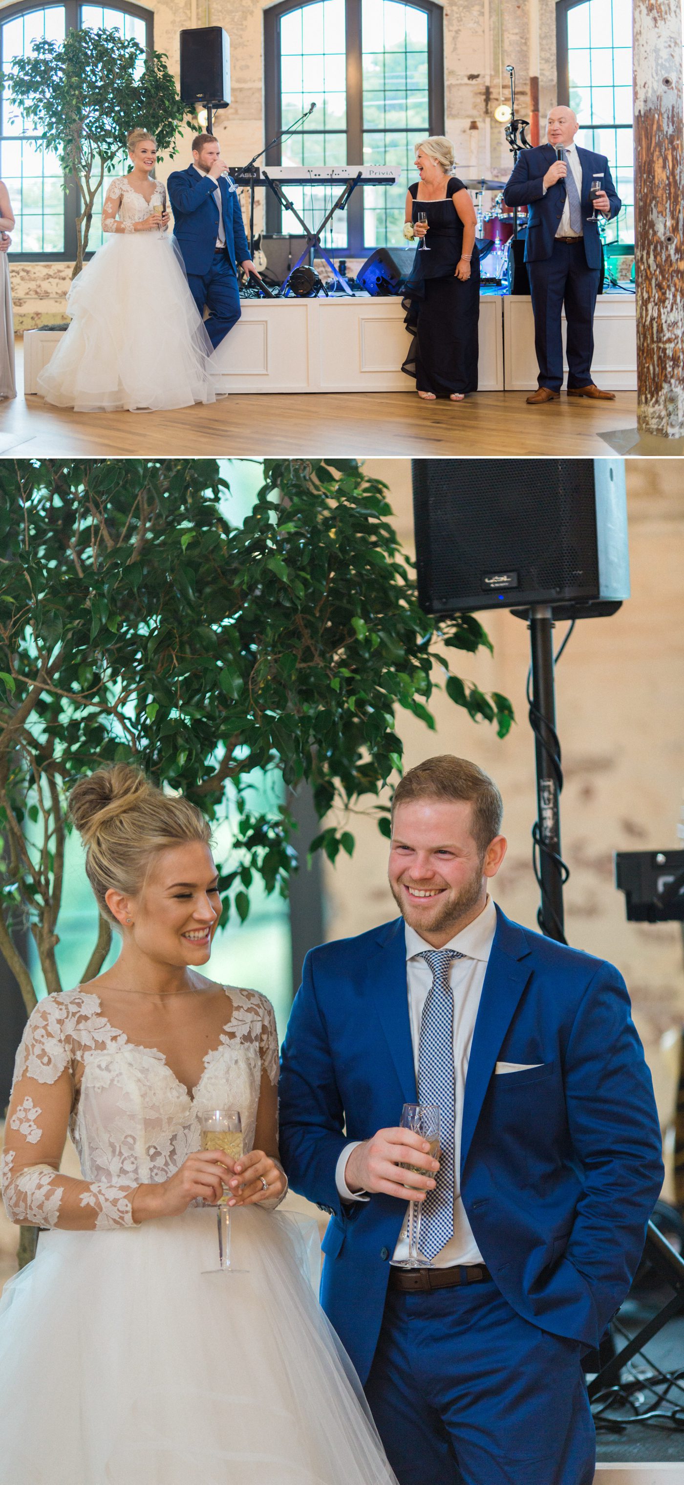 Bride and groom laughing during toasts 