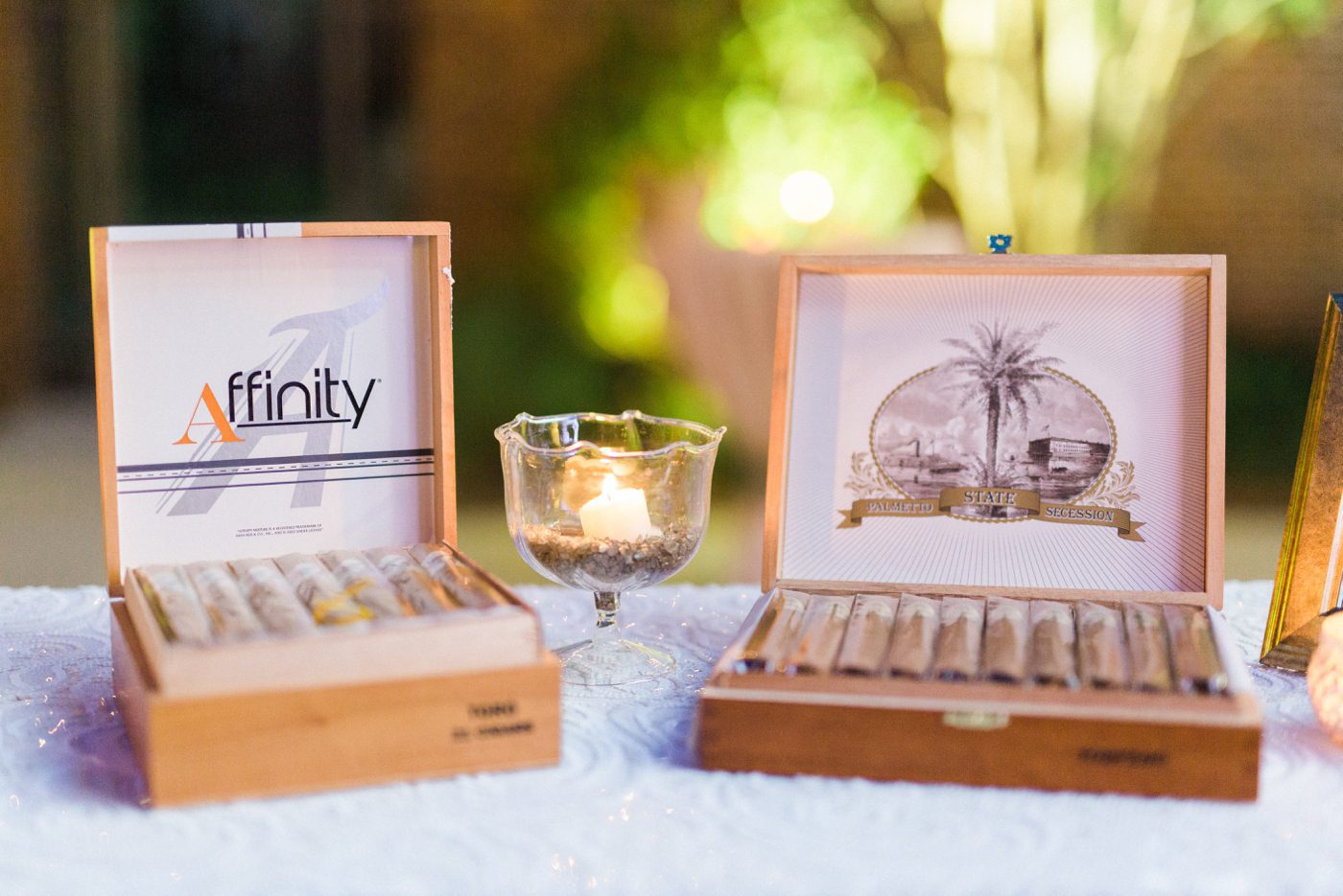 Cigar table for guests at a Charleston wedding 