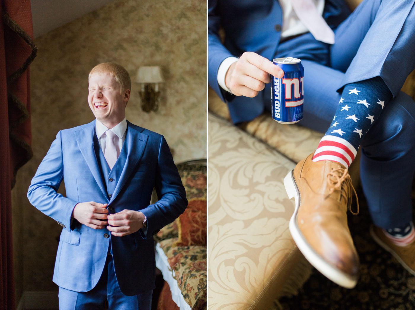 Groom wearing American flag socks for New York wedding