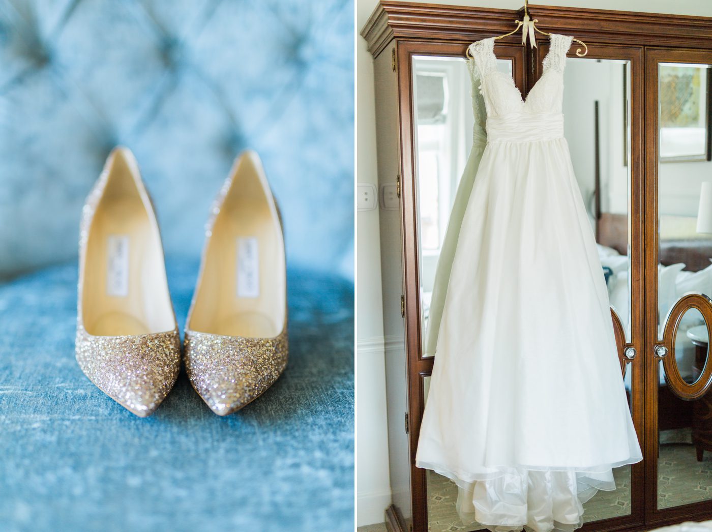 Sparkly Jimmy Choo wedding heels on a gorgeous blue velvet chair | Elegant William Aiken House Wedding Photos | Charleston SC wedding photographers Catherine Ann Photography