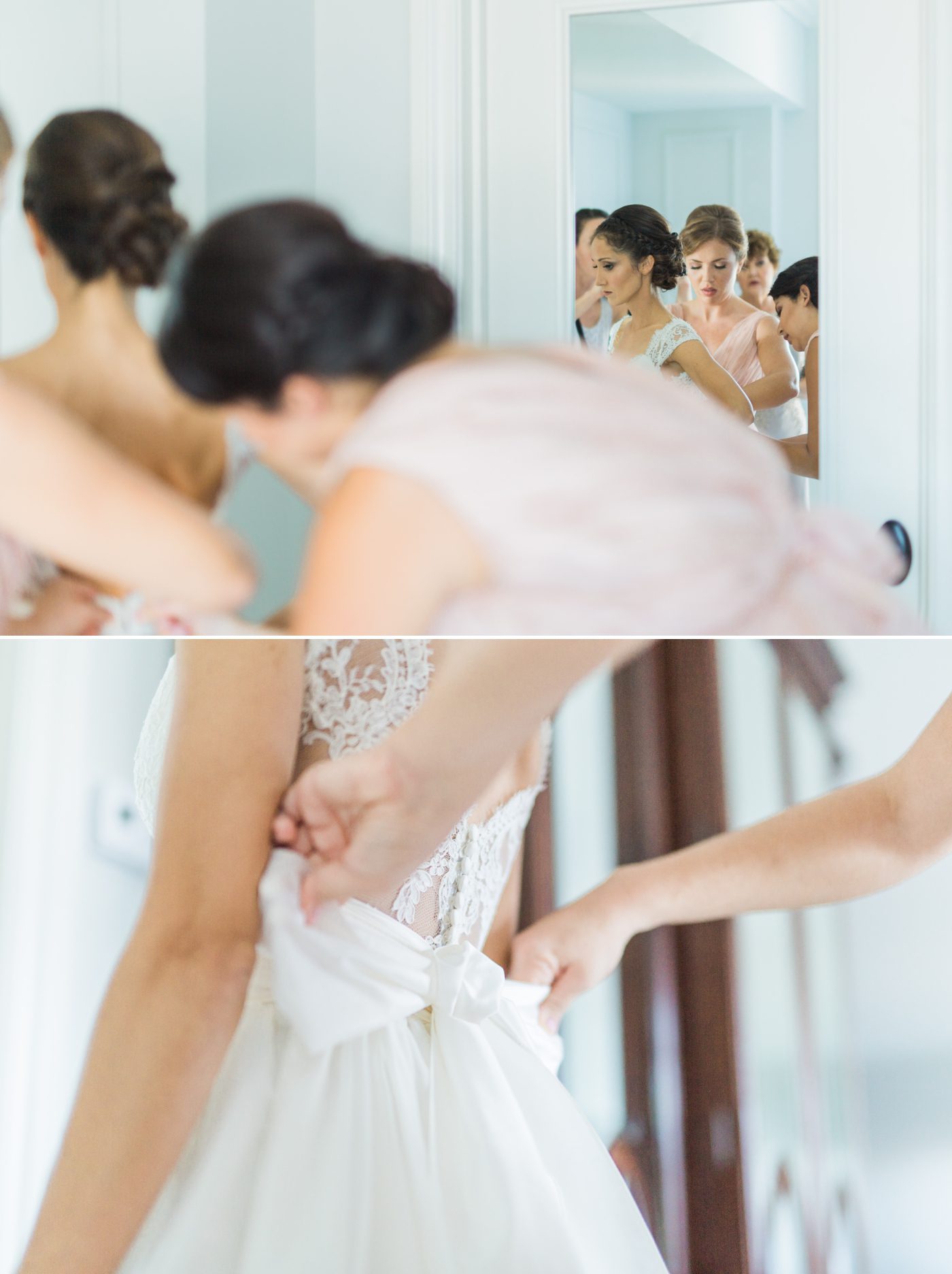 Bridesmaids helping bride get dressed | Elegant William Aiken House Wedding Photos | Charleston SC wedding photographers Catherine Ann Photography