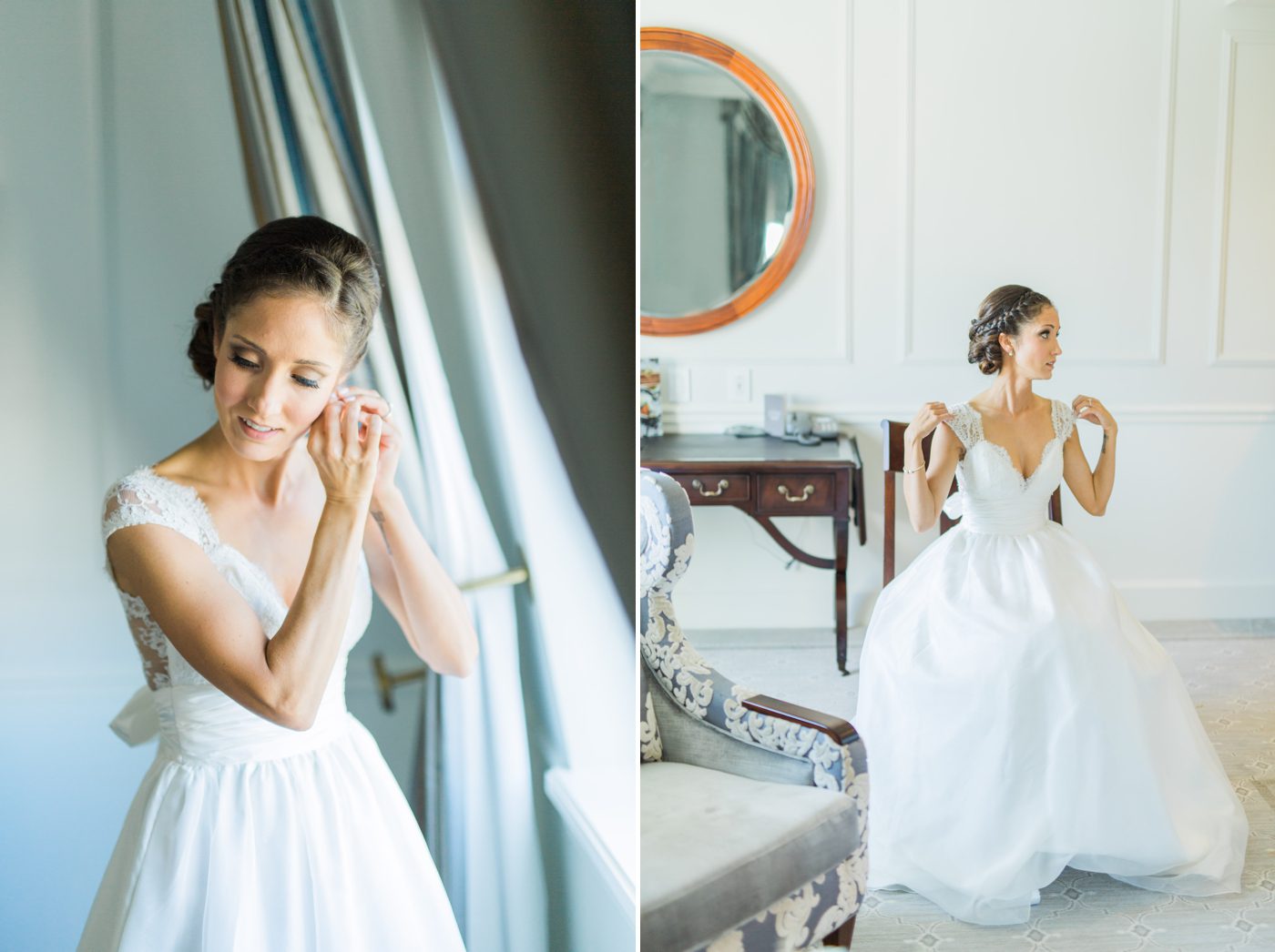 Bridal portraits in Charleston hotel by a window | Elegant William Aiken House Wedding Photos | Charleston SC wedding photographers Catherine Ann Photography