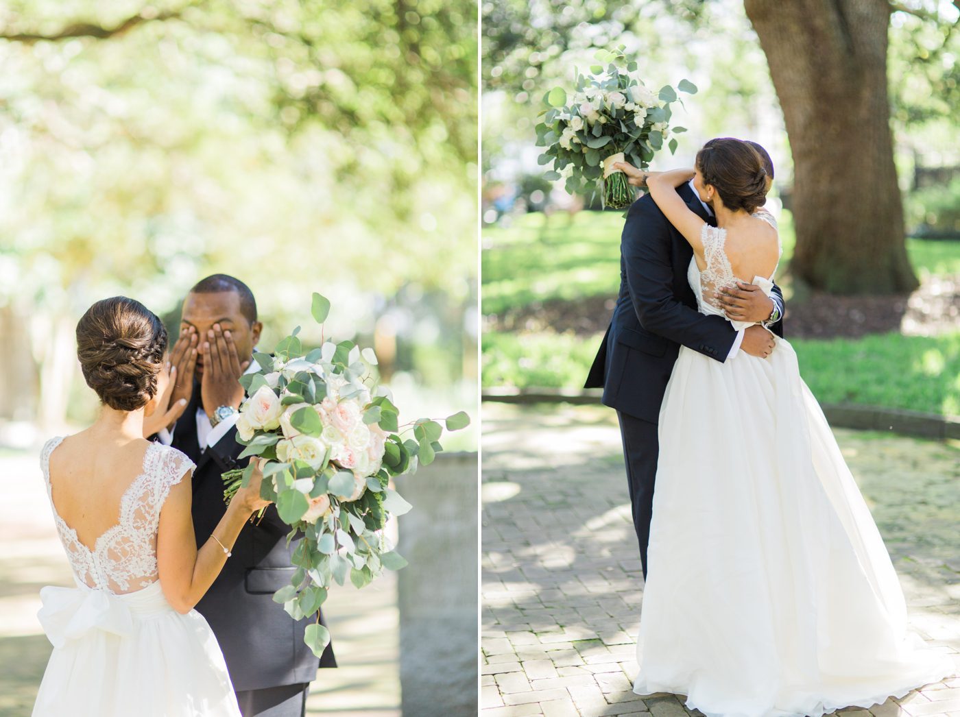 Emotional first look photo of groom crying | Elegant William Aiken House Wedding Photos | Charleston SC wedding photographers Catherine Ann Photography