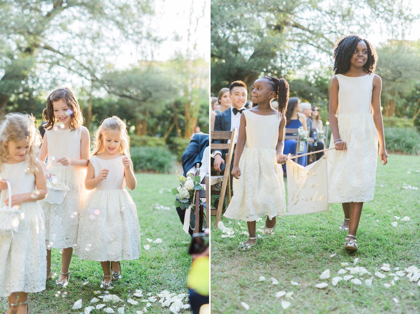 Flower girls with bubbles and Here Comes the Bride sign | Elegant William Aiken House Wedding Photos | Charleston SC wedding photographers Catherine Ann Photography