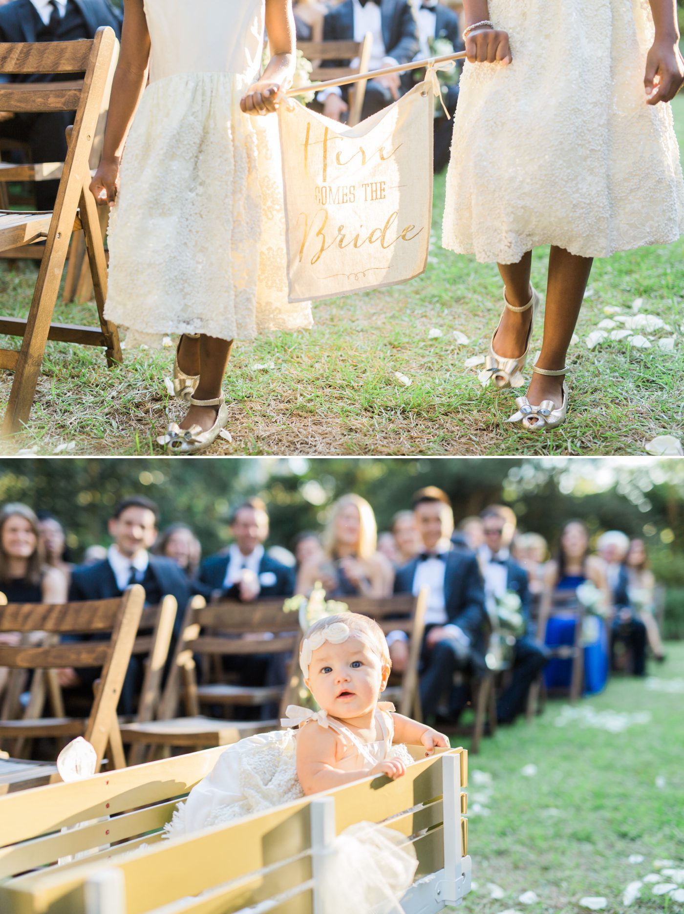 Flower girls with Here Comes The Bride sign | Elegant William Aiken House Wedding Photos | Charleston SC wedding photographers Catherine Ann Photography