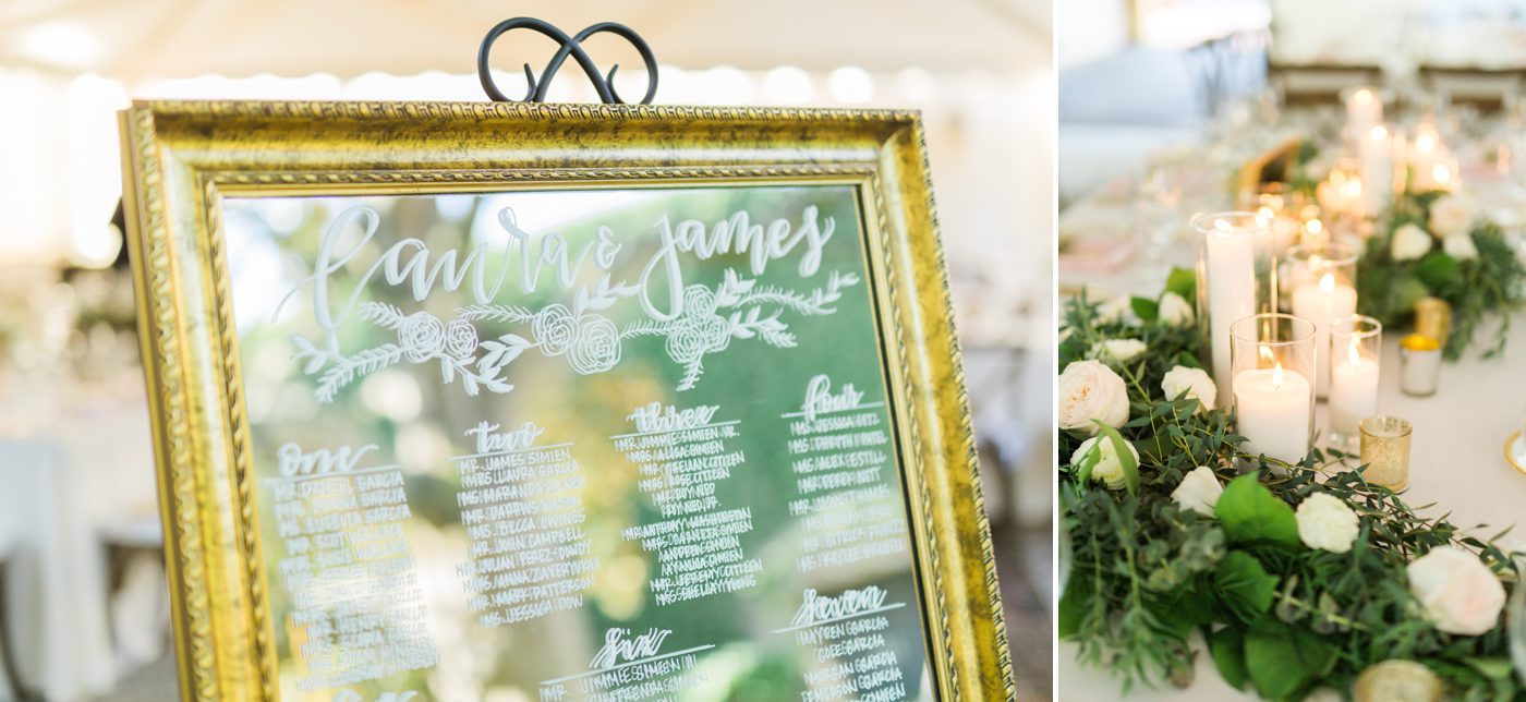 Wedding seating chart written in calligraphy on a gold framed mirror | Elegant William Aiken House Wedding Photos | Charleston SC wedding photographers Catherine Ann Photography