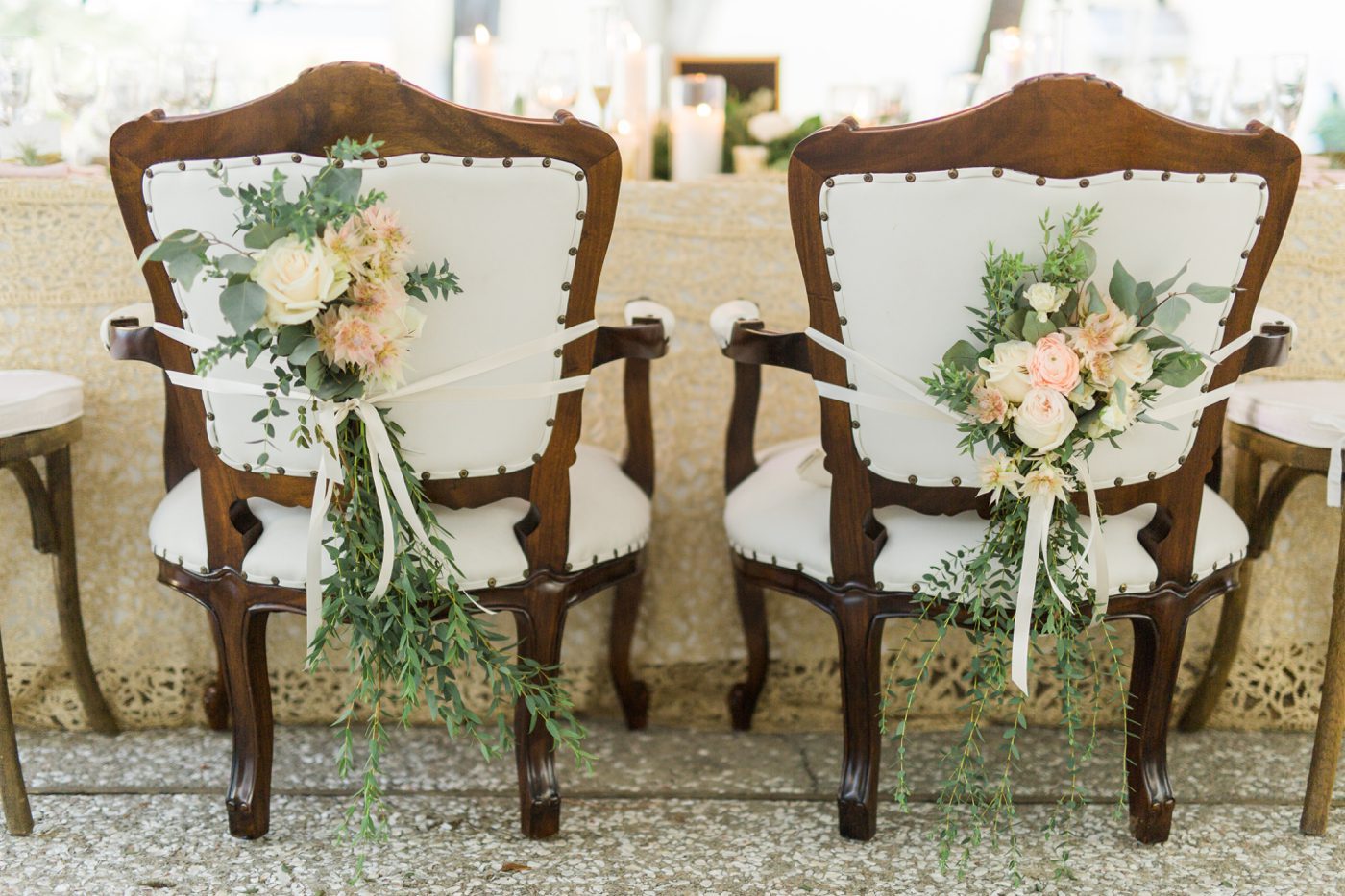 Elegant bride and groom chairs with flowers | Elegant William Aiken House Wedding Photos | Charleston SC wedding photographers Catherine Ann Photography
