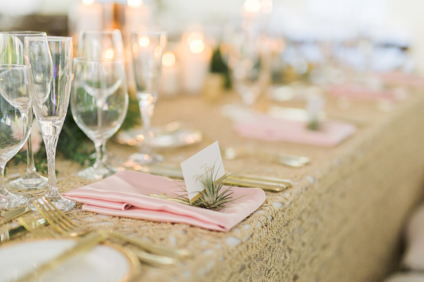 Gold lace wedding tablecloth with blush napkins | Elegant William Aiken House Wedding Photos | Charleston SC wedding photographers Catherine Ann Photography