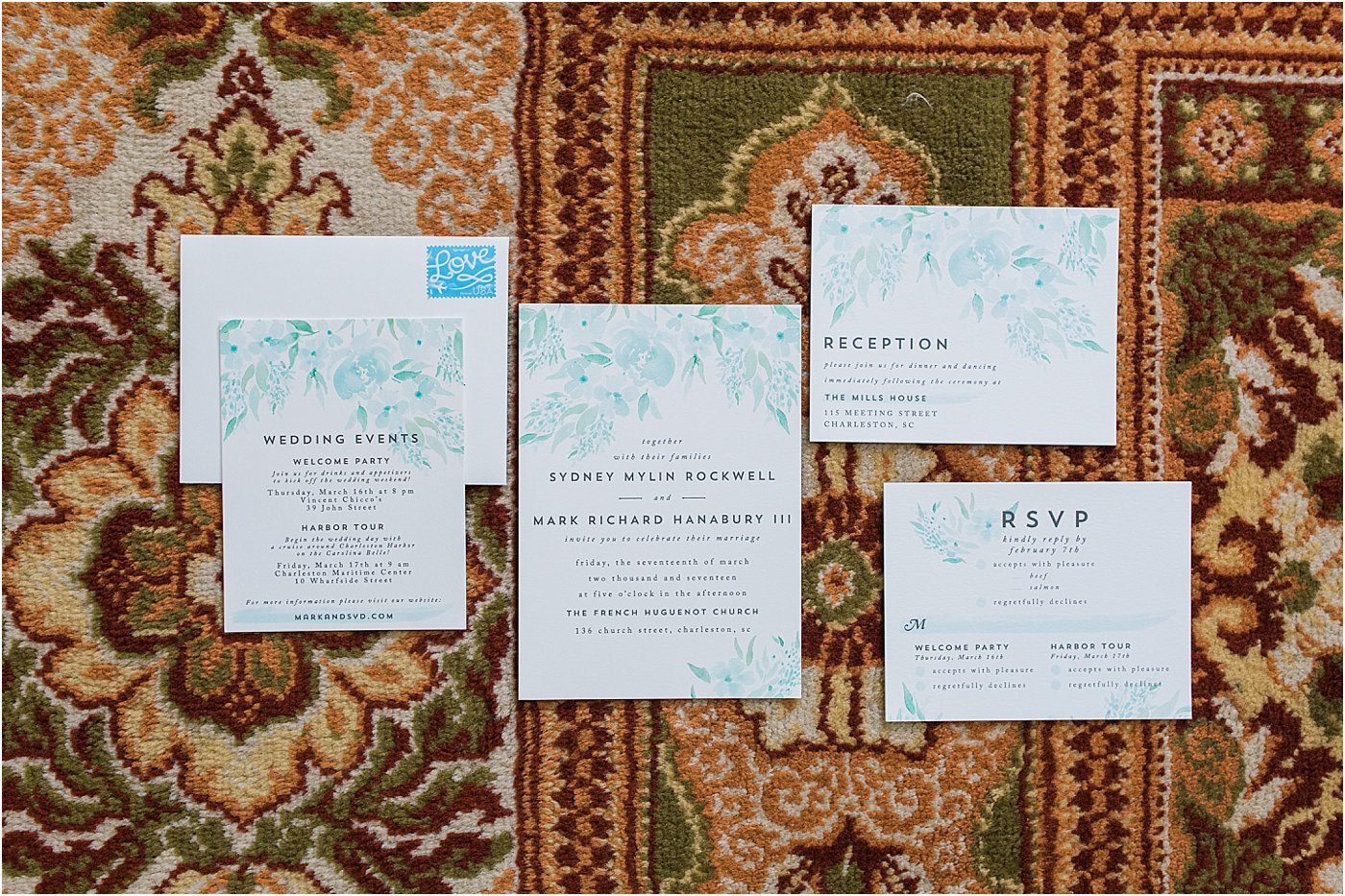 Blue floral wedding invitations | French Huguenot Church Charleston Wedding Photos | Charleston SC wedding photographer Catherine Ann Photography